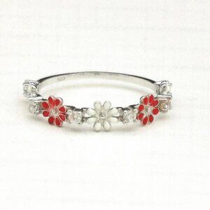 CZ Enamel Sterling Silver Flower Band ring size 8 🆕